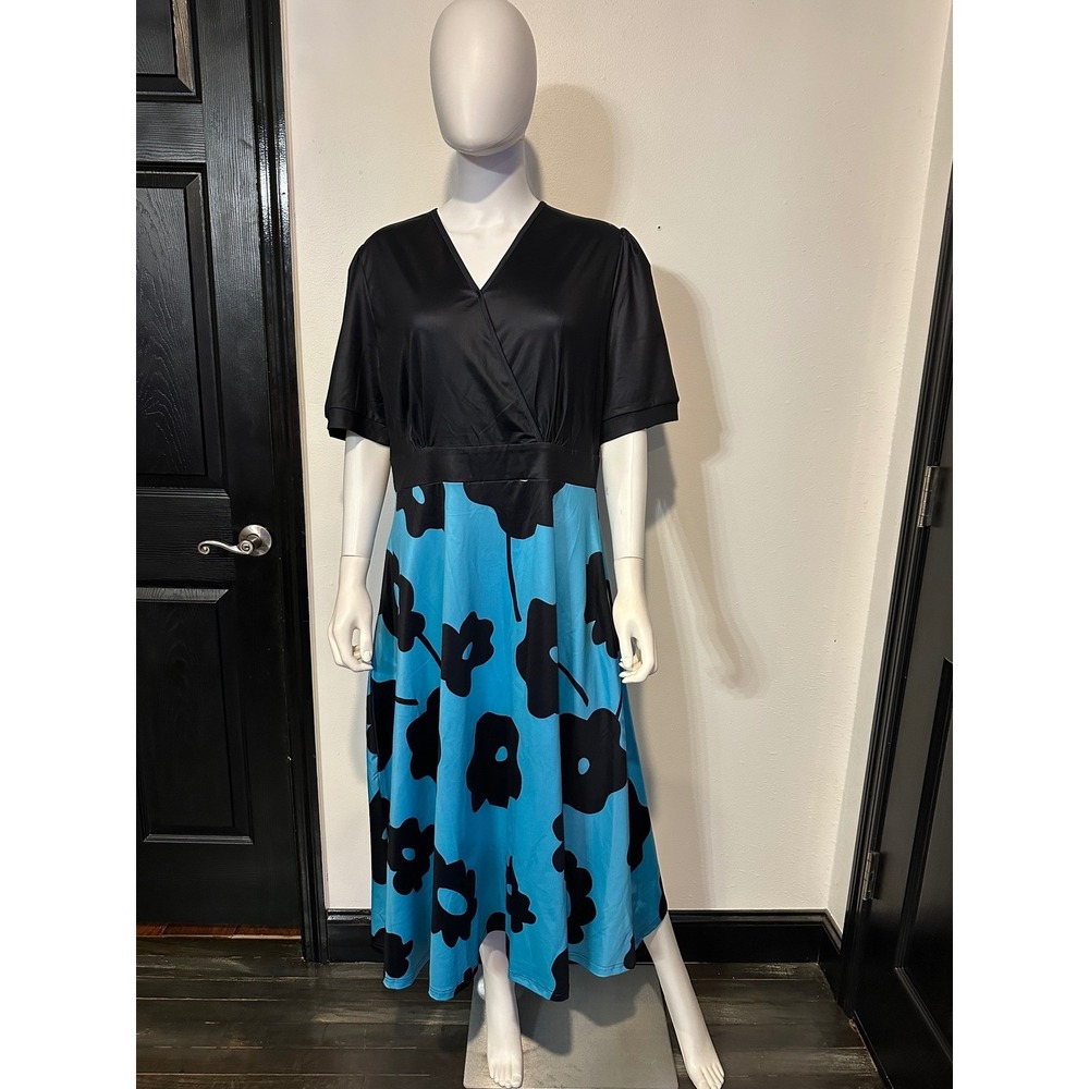 Womens Floral Print V-Neck Midi Dress Short Sleeve Blue Black A-Line Dress